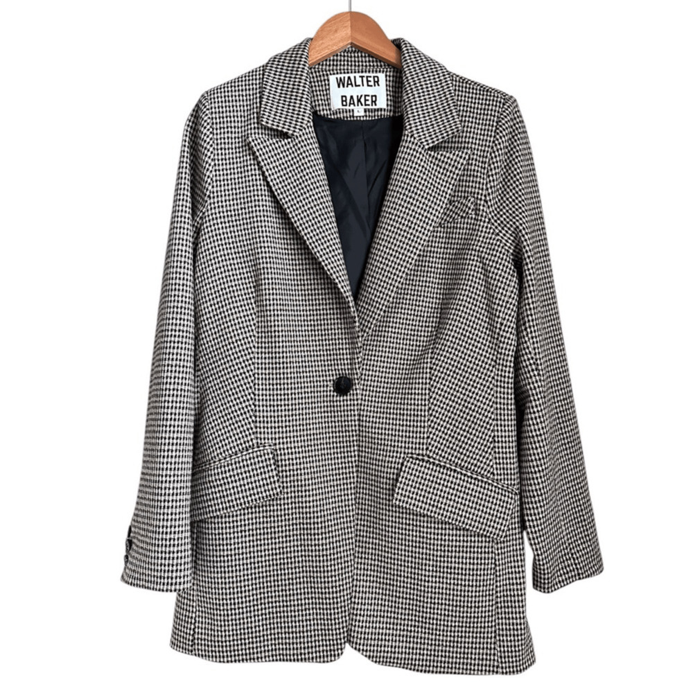 Walter Baker L Black Cream Houndstooth Plaid Blazer Jacket Career